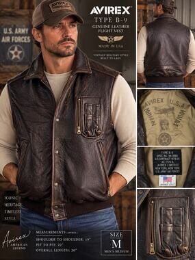 Vintage 80s Avirex B-9 Leather Flight Vest Made USA Men's Medium Military